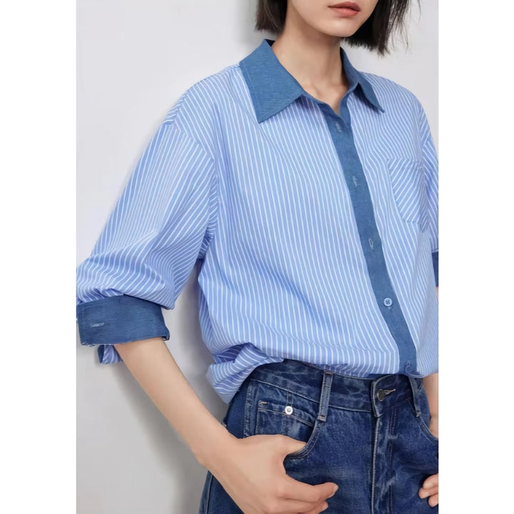 Autumn Striped Patchwork Denim Blouse Shirt