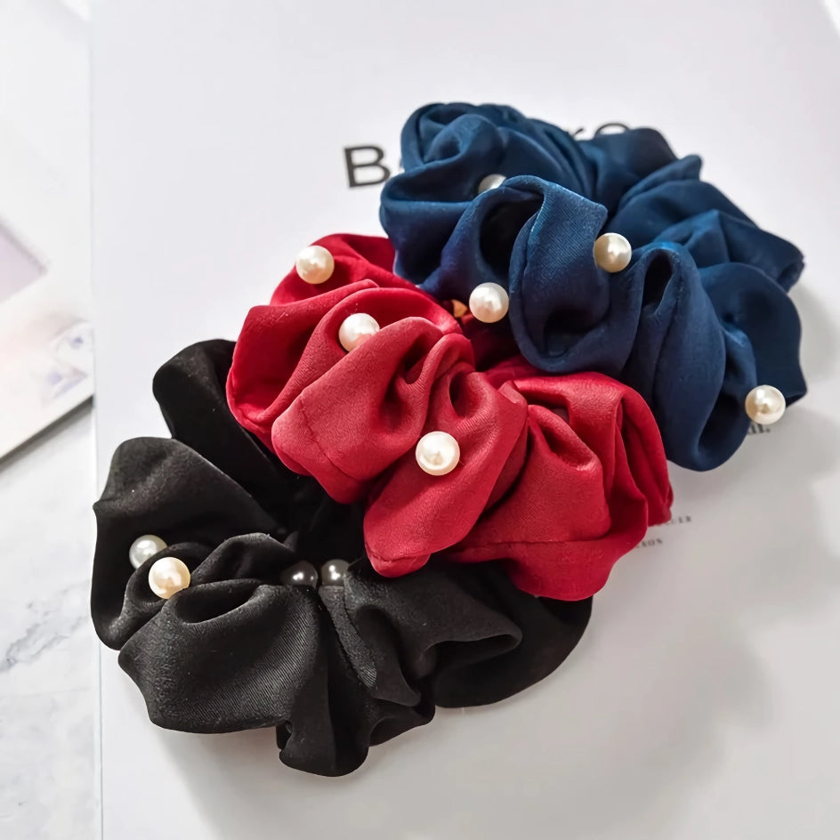 Satin Silk Pearl Hair Scrunchies – Stylish Elastic Hair Accessories