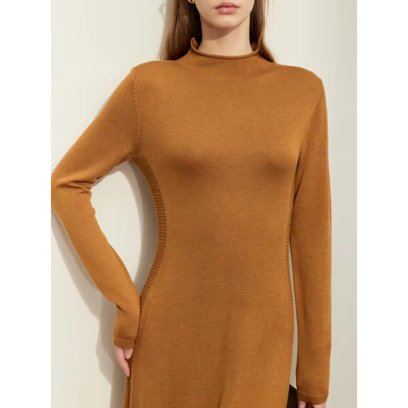 Slim A-Line Knitted Dress with Half High Collar