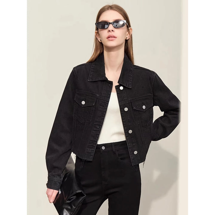 Chic Autumn Short Black Denim Jacket with Turn-down Collar