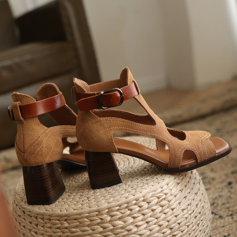 High Heel Gladiator Sandals - Genuine Leather Open Toe Buckle Shoes for Women