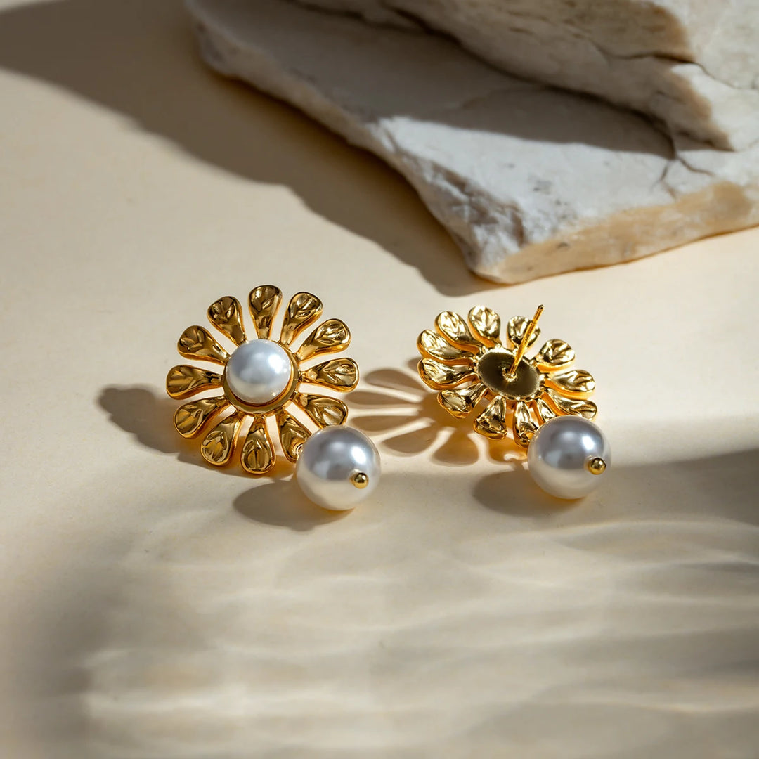 18K Gold Plated Sunflower Pearl Pendant Earrings - Waterproof Stainless Steel Jewelry