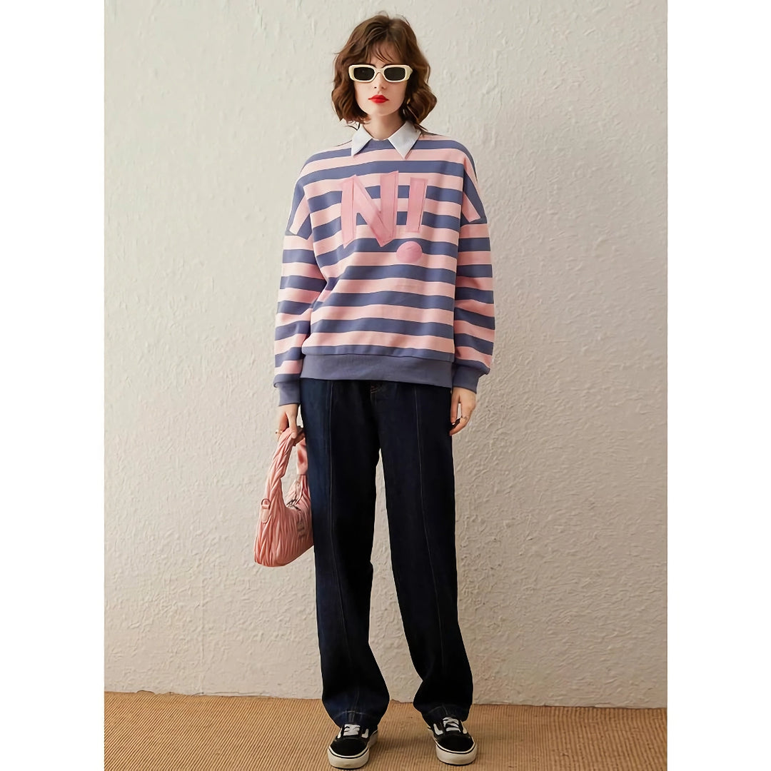 Striped Letter Print Sequin Embroidered Sweatshirt