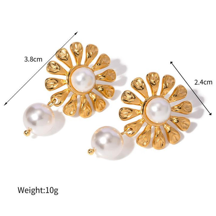 18K Gold Plated Sunflower Pearl Pendant Earrings - Waterproof Stainless Steel Jewelry