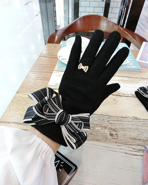 Striped Multi-layer Bowknot Thickened Gloves