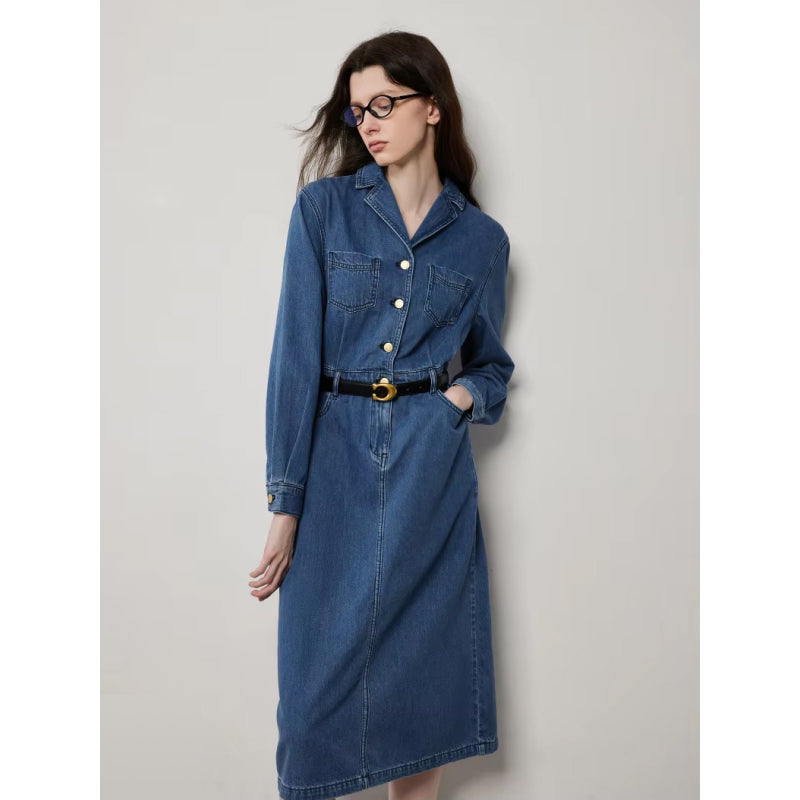 Mid-Length Denim A-Line Dress with Lapel Collar and Long Sleeves