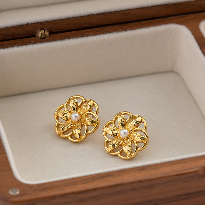 Gold Plated Stainless Steel Hollow Flower Stud Earrings - Waterproof, Vintage Style Jewelry for Women