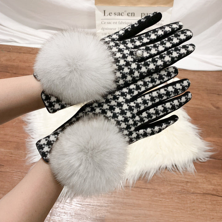 Oversized Fox Fur Ball Day Single Symmetrical Plaid Wool And Cashmere Finger Gloves