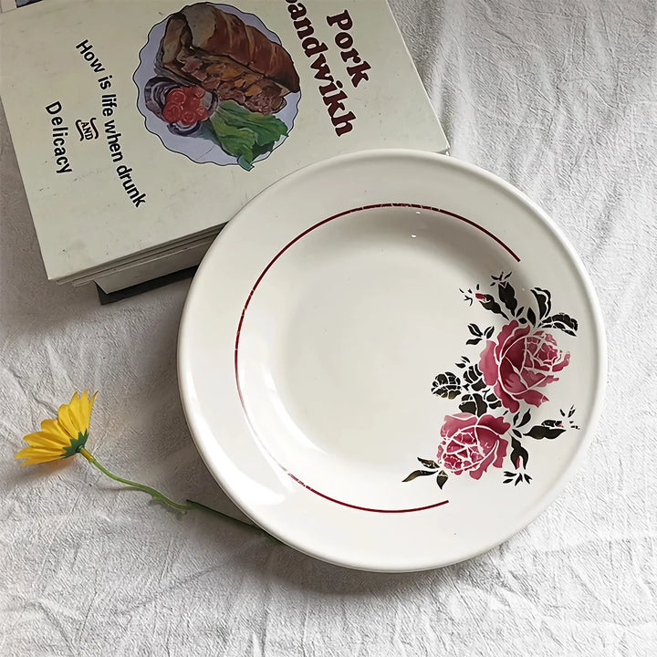 Retro Rose Ceramic Dinnerware – Elegant Floral Dessert and Snack Plate for Afternoon Tea and Home Dining