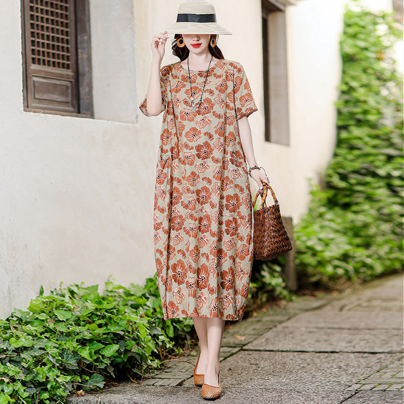 Women's Casual Versatile Cotton And Linen Floral Dress