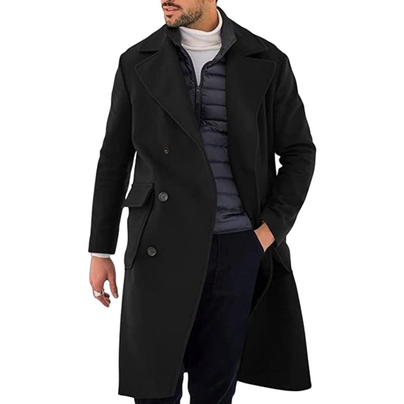 Woolen Men's Coat Thickened Long Section Double Breasted Coat