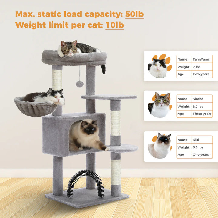 120CM Cat Tree Condo with Self-Grooming Brush, Scratching Post, Perch House, and Hanging Ball Toy