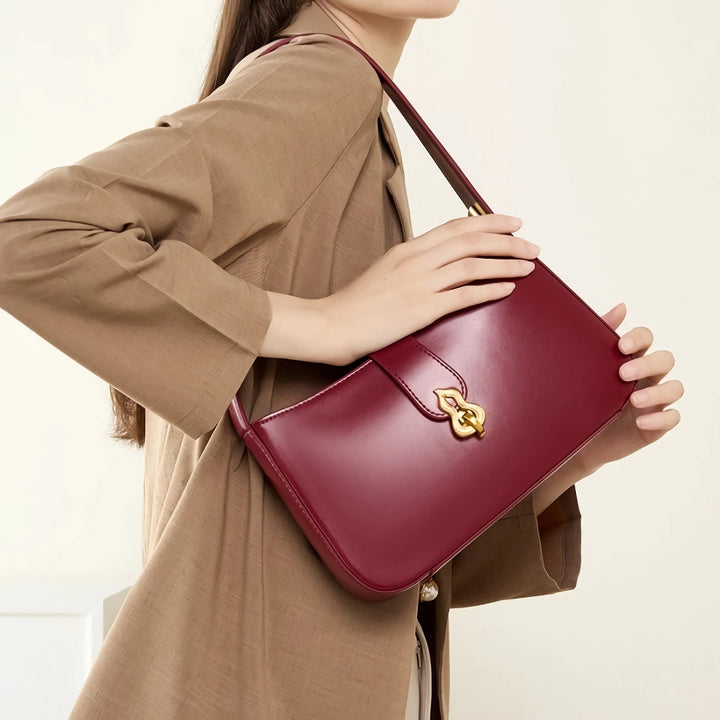 Luxury Wine Red Genuine Leather Half Moon Shoulder Bag for Women