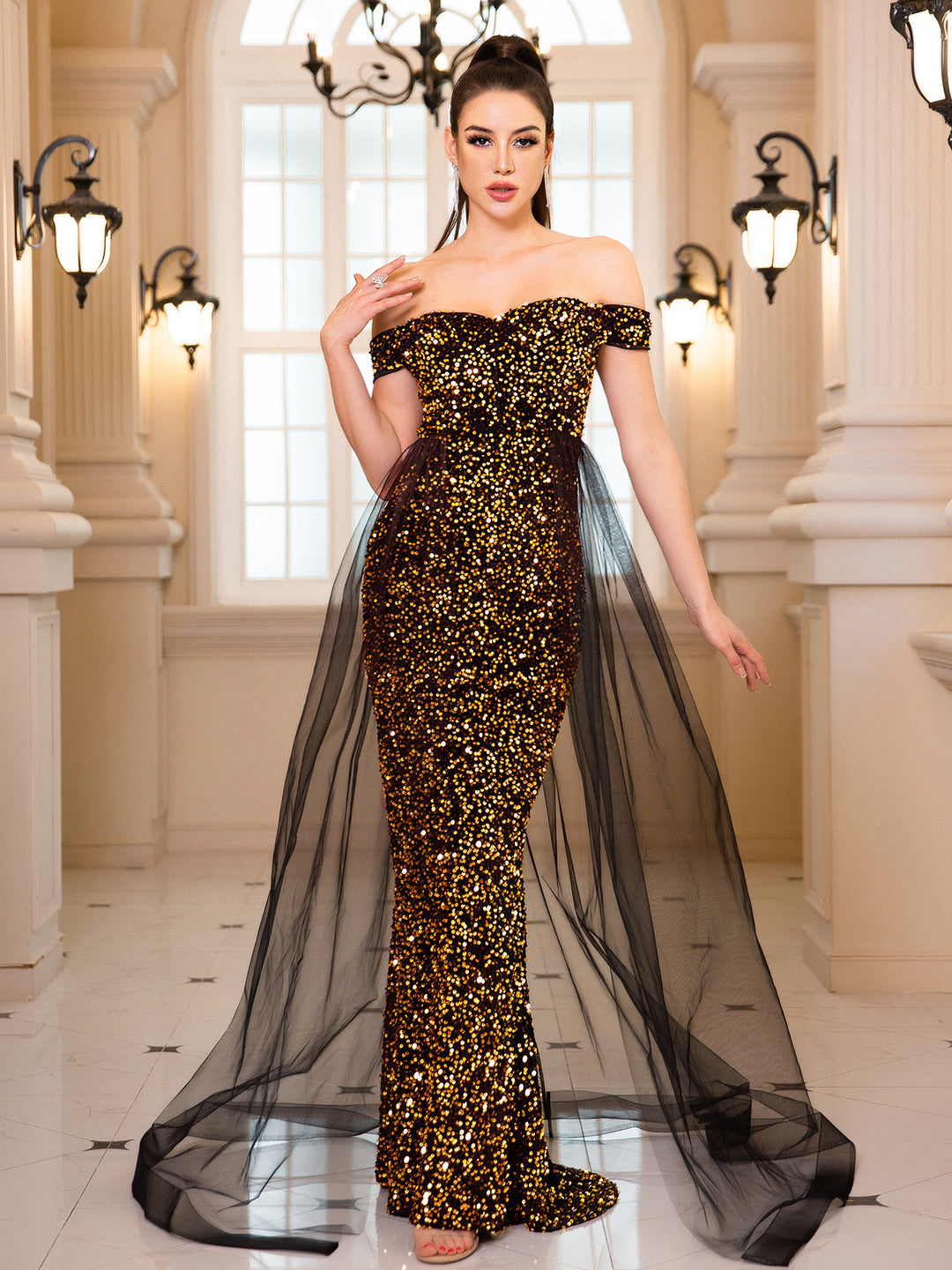 Heavy Industry Fishtail Long Off-shoulder Banquet Annual Meeting Dress