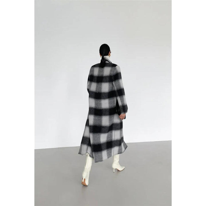 Elegant Plaid Double Breasted Long Woolen Coat for Women
