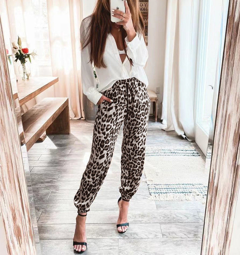 New Leopard Print Elastic Waist Casual Trousers Women