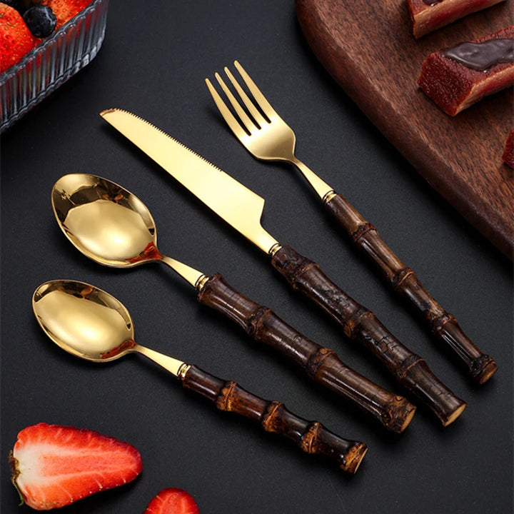 Black Bamboo Dinnerware Set - Upscale Stainless Steel Fork and Spoon Tableware