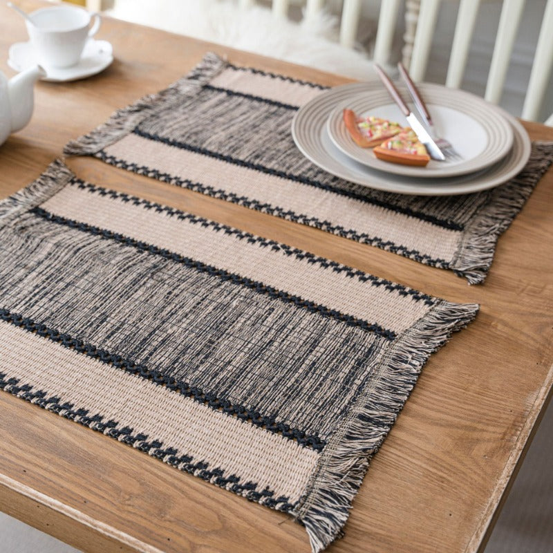 Woven Cotton-Linen Table Runner with Color Contrast Stitching and Tassels