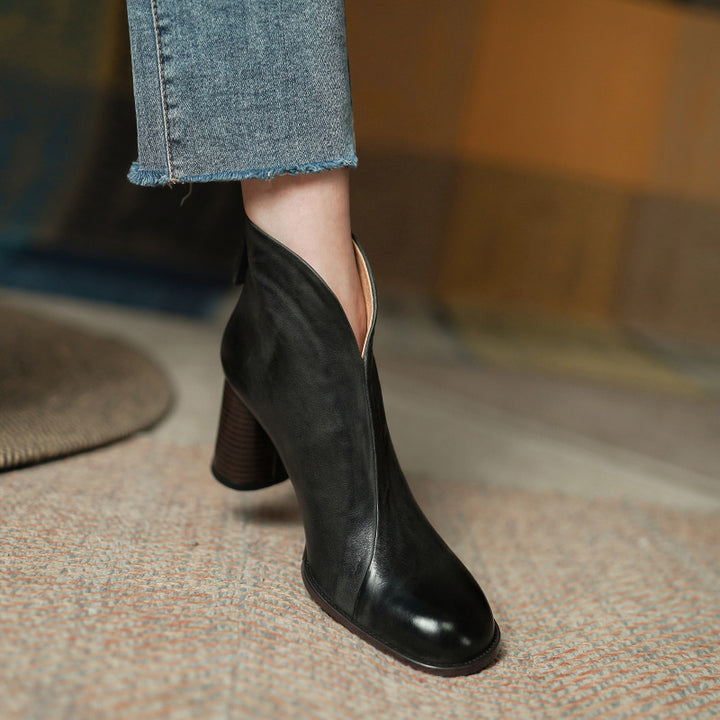 Stylish Cowhide Ankle Boots with Buckle and Thick Heel