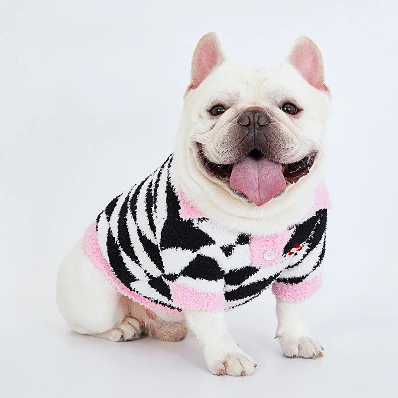 Winter Fleece Dog Sweater - Warm Thicken Pullover with Black and White Rhombus Print