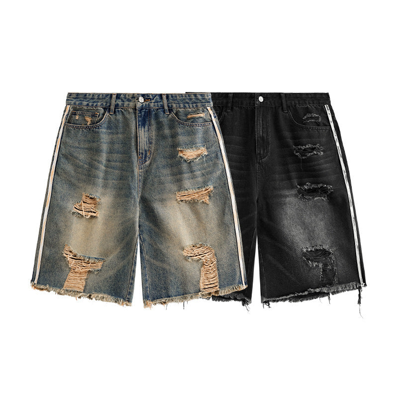 Summer Men's Hip Hop Side Stripe Ripped Denim Shorts