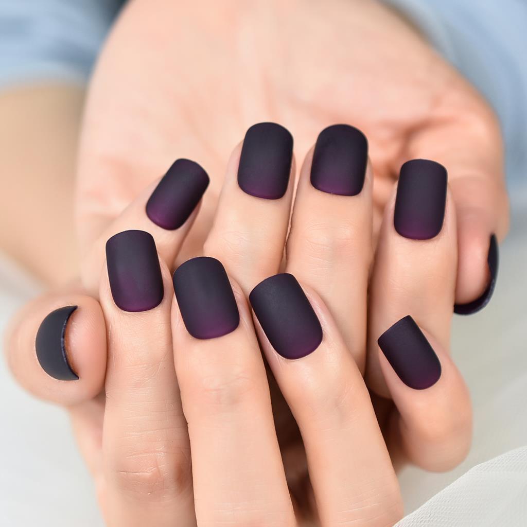 Matte Purple Black Squoval Fake Nails