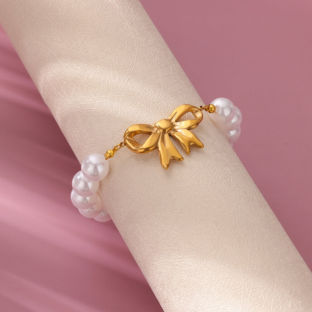 Gold Bowknot Bracelet with Imitation Pearls