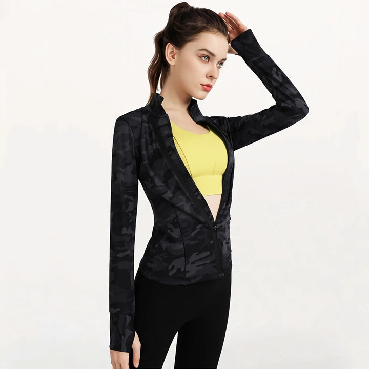 Camouflage Women’s Sports Jacket – Full Zip, Slim Fit, Yoga & Running Workout Top