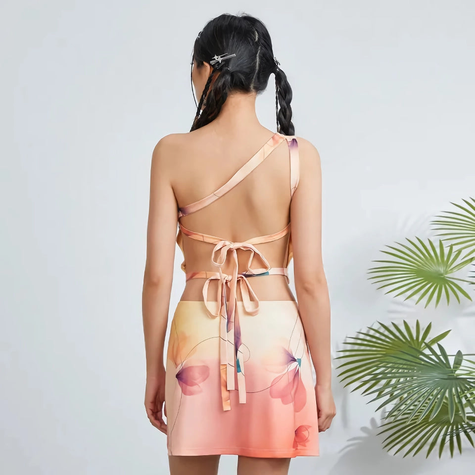 Floral One-Shoulder Two-Piece Set - Top and Mini A-line Skirt