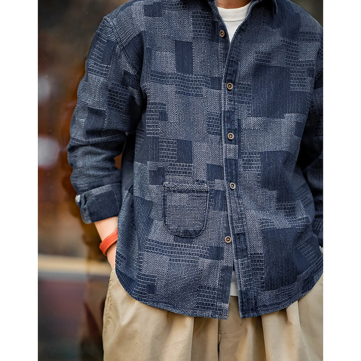 Men's Retro Denim Patchwork Long-Sleeved Shirt - Casual Spring and Autumn Jacket