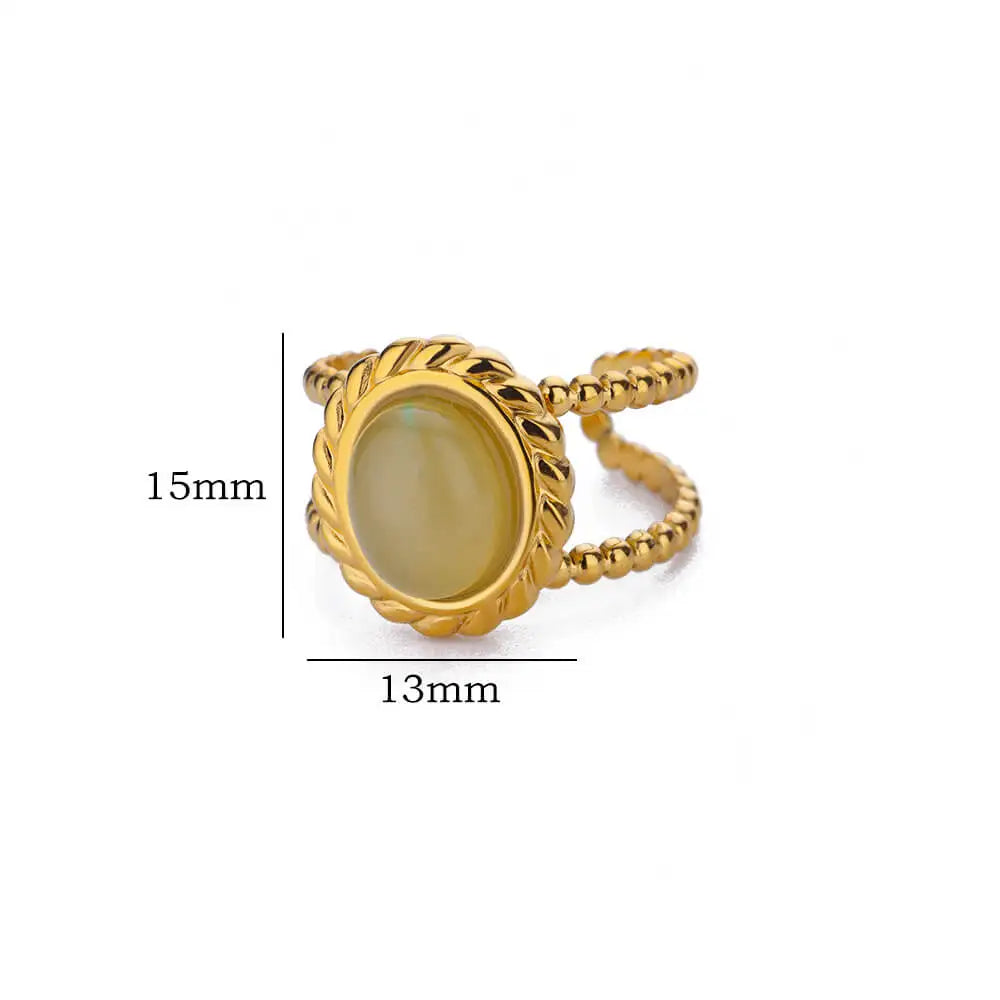 Natural White Opal Rings for Women - Gold Color Stainless Steel Classic Round Stone Couple Band