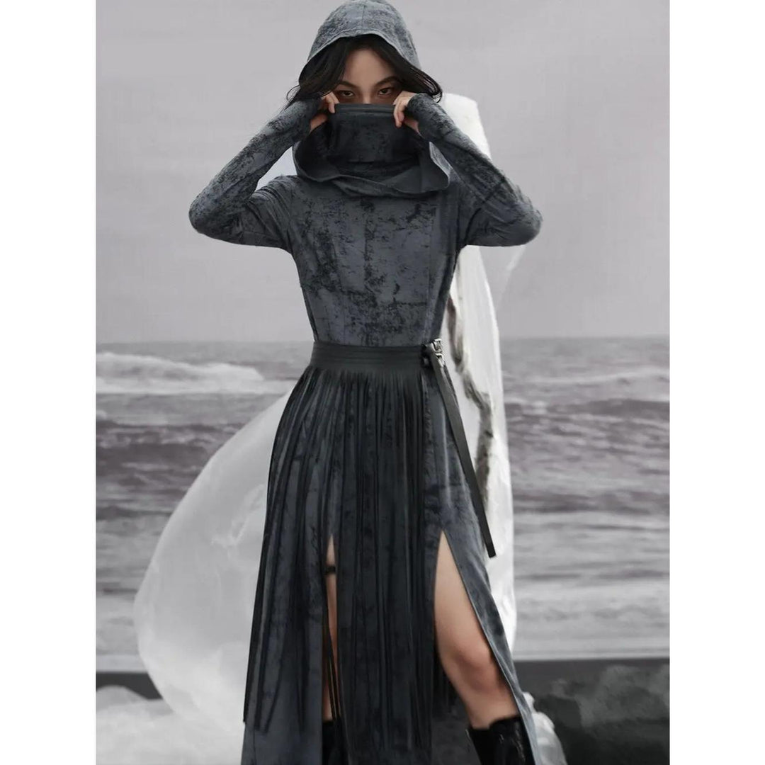 Elegant Dark Black Hooded High Neck Dress for Autumn