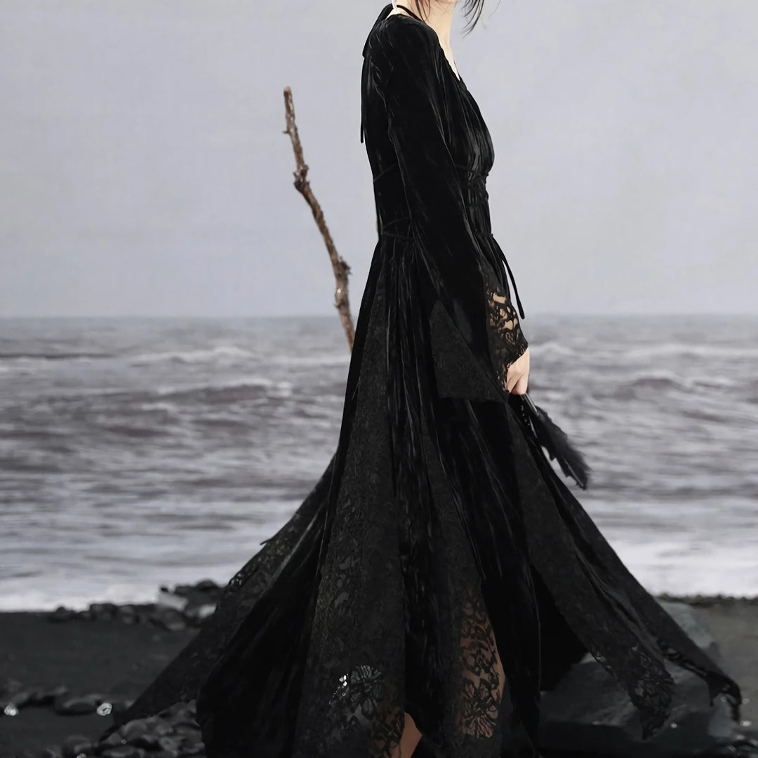 Dark Velvet Lace Splice Dress for Women - Elegant Autumn Style