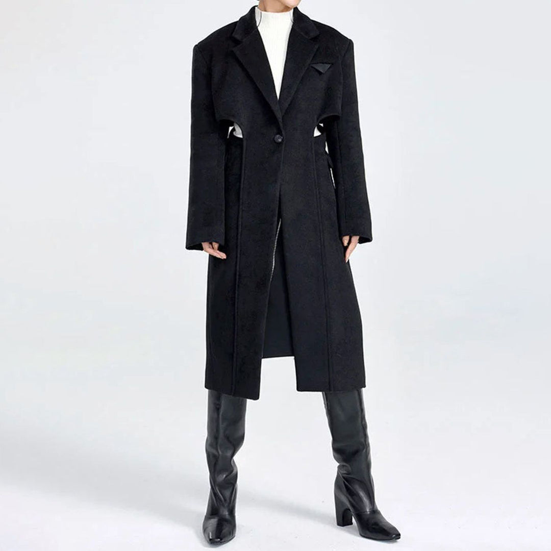 Elegant Woolen Overcoat with Waist Cut-Out