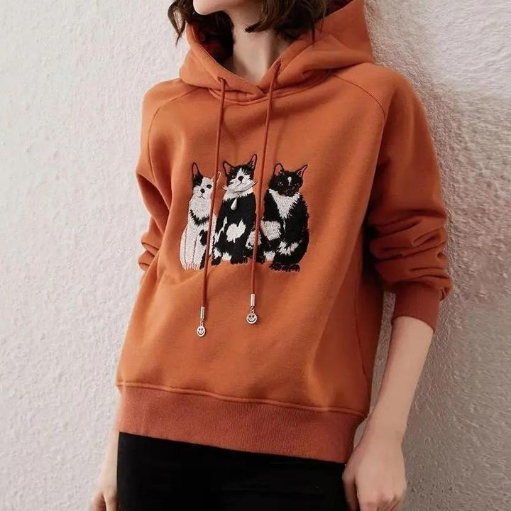 Plush Cat Embroidery Hooded Pullover Top