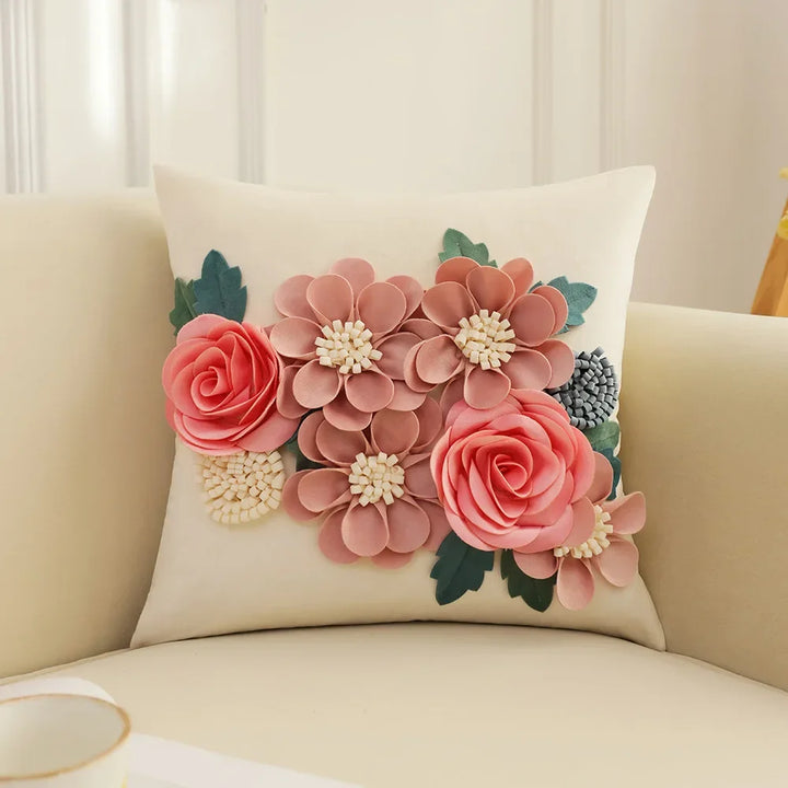 Elegant French Rose Patchwork Cushion Cover – 3D Floral Design, Decorative