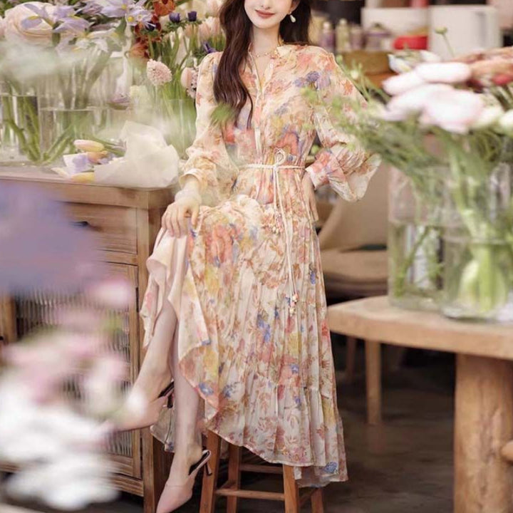 Floral Stand Collar Dress Women's Seaside Vacation