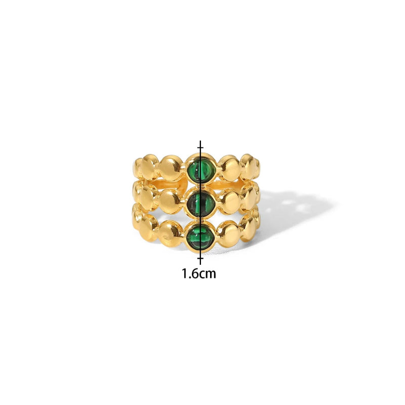 18K Gold Plated Green Malachite Triple Layer Adjustable Ring