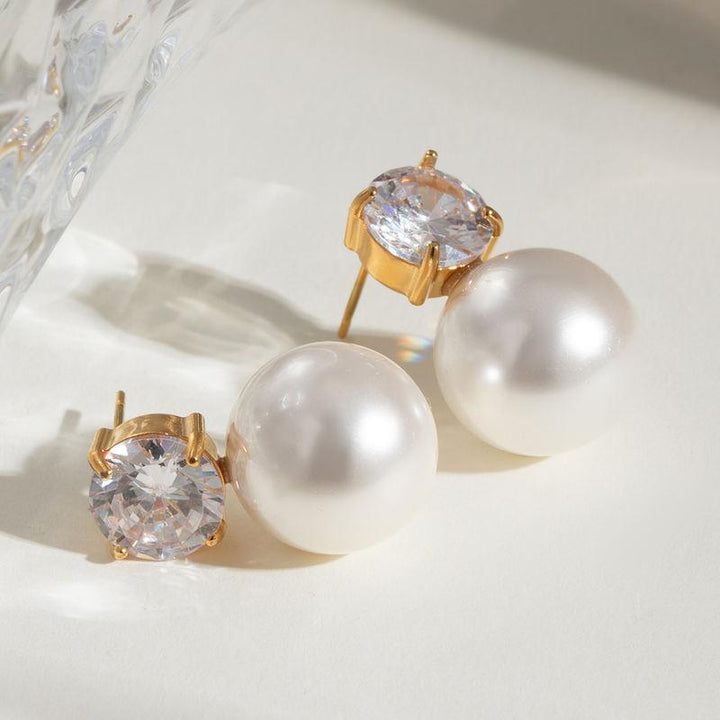 Gold Plated Stainless Steel Vintage Pearl & Zircon Earrings