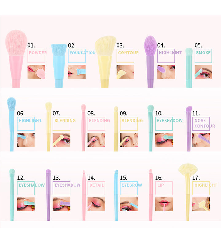 Makeup Brush Rainbow Color 17 PCs Macaron Color Series Full Set