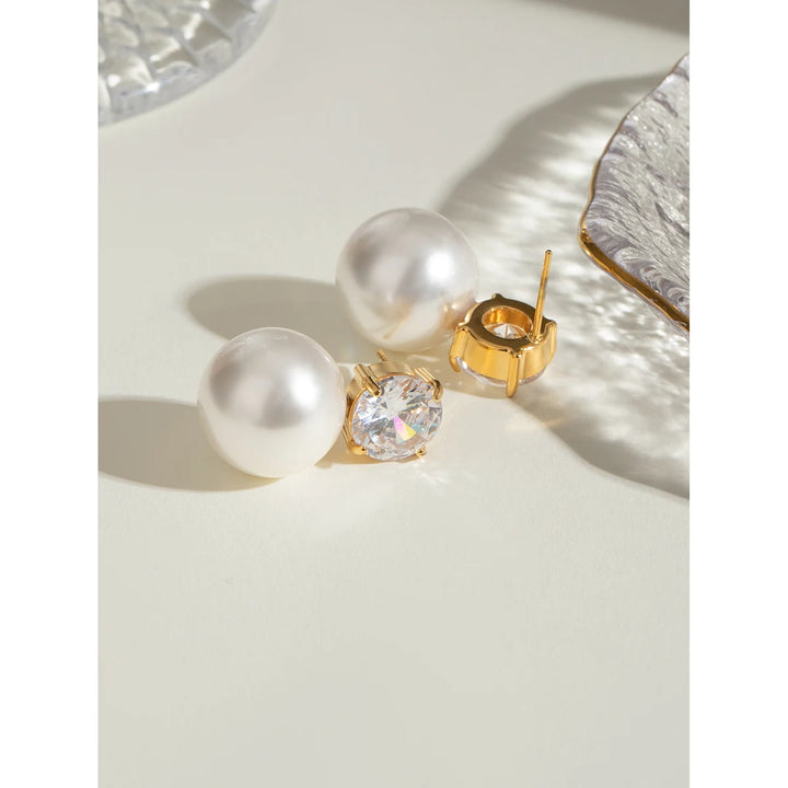 Gold Plated Stainless Steel Vintage Pearl & Zircon Earrings