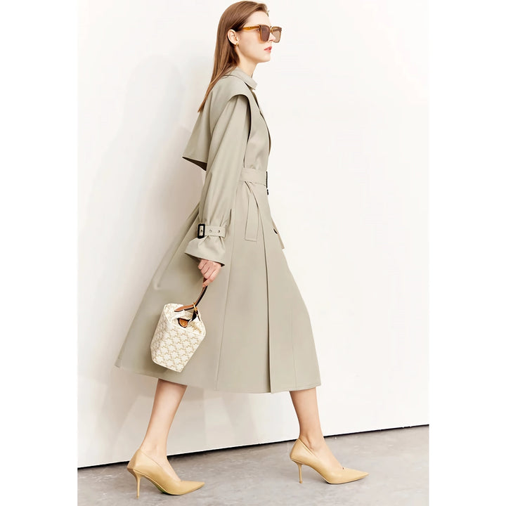 Minimalist Long Trench Coat for Women - Autumn Turndown Neck Patchwork Single Breasted