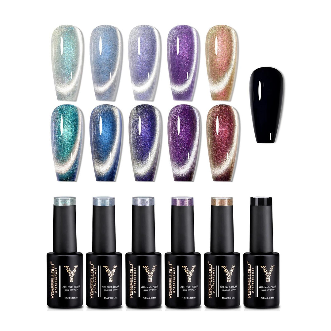 Magnetic Cat Eye Gel Nail Polish Set - 6 Colors Aurora 9D Glitter