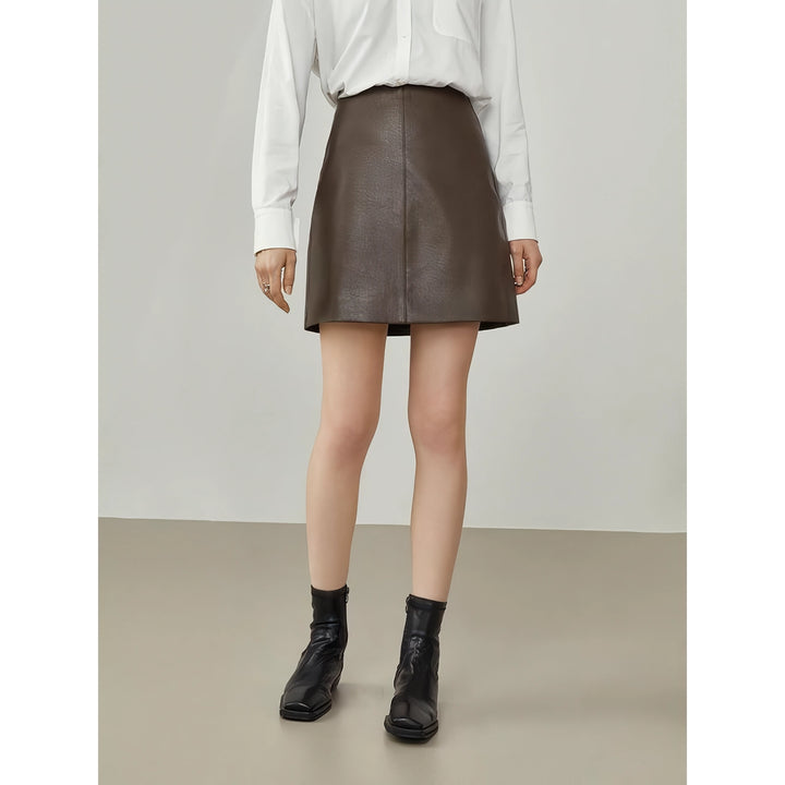 Women's High Waist Brown Leather Skirt