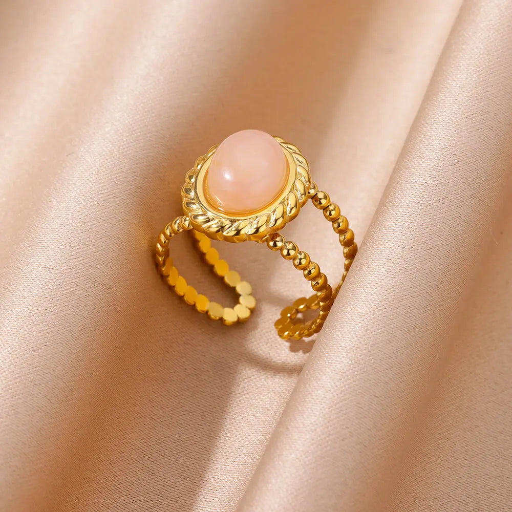 Natural White Opal Rings for Women - Gold Color Stainless Steel Classic Round Stone Couple Band