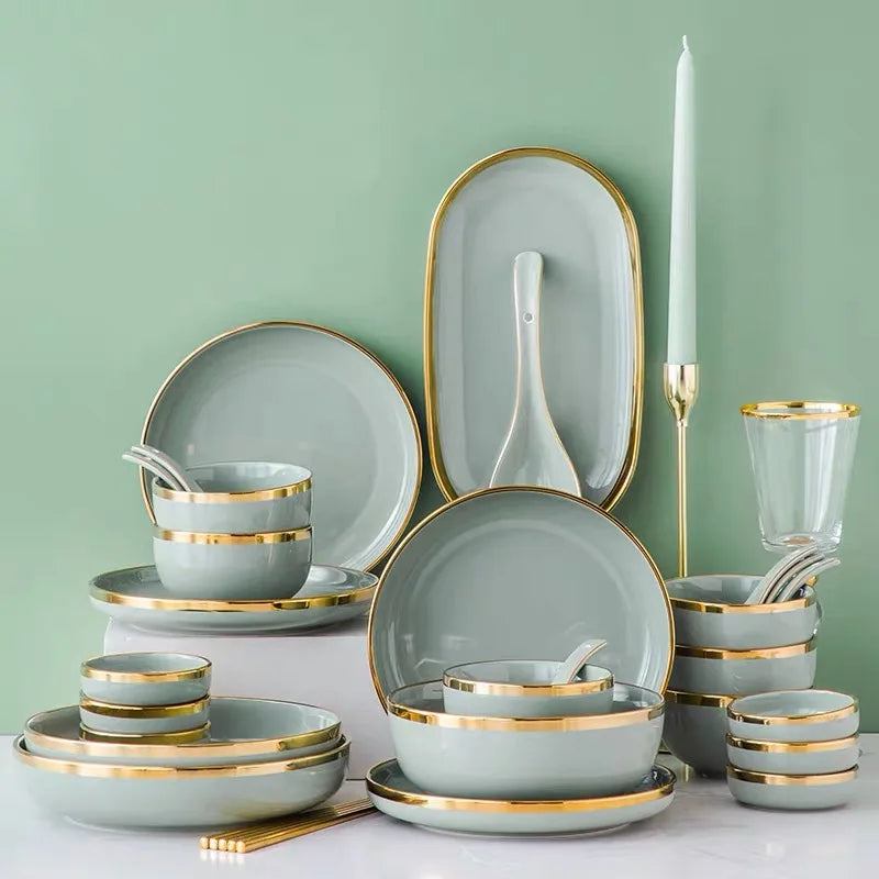 Classical Nordic Bone China Plates Set with Golden Edge, Porcelain Light Green Dinnerware for Elegant Dining