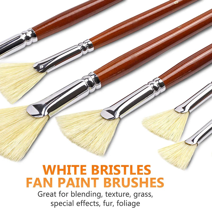 7-Piece Natural Hog Bristle Fan Brush Set for Acrylic, Watercolor, and Oil Painting