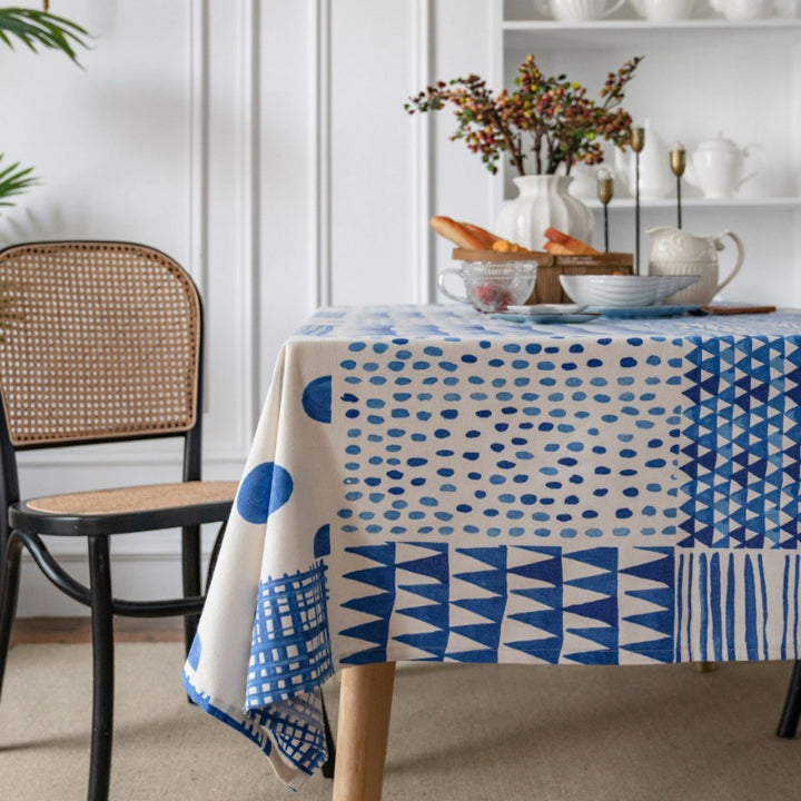 Geometric Blue Patchwork Cotton-Linen Tablecloth