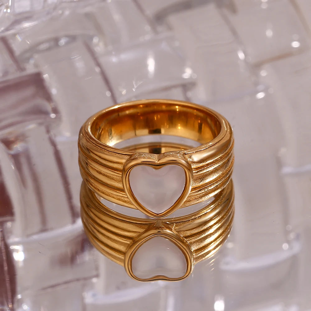 18K Gold Plated Striped Heart Ring – Tarnish Free & Hypoallergenic Stainless Steel