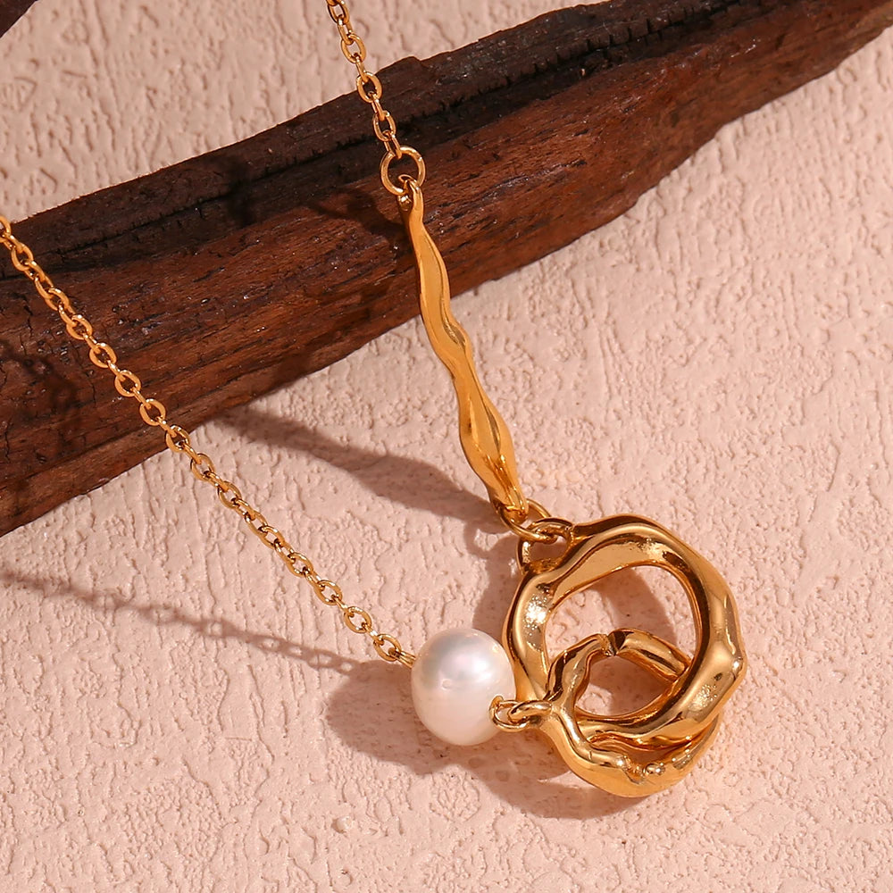 18K Gold Plated Freshwater Pearl Double Loop Pendant Necklace